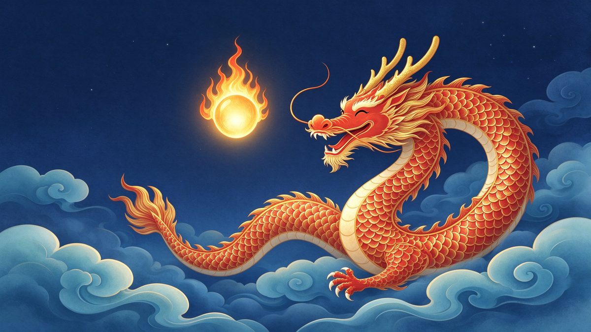 A friendly red-and-gold Chinese dragon chasing a fiery pearl through clouds under a deep indigo sky