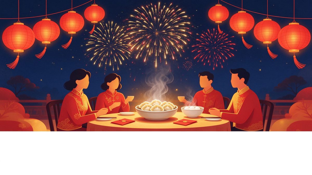 A family sharing a steaming dinner under fireworks and red lanterns — Lunar New Year reunion