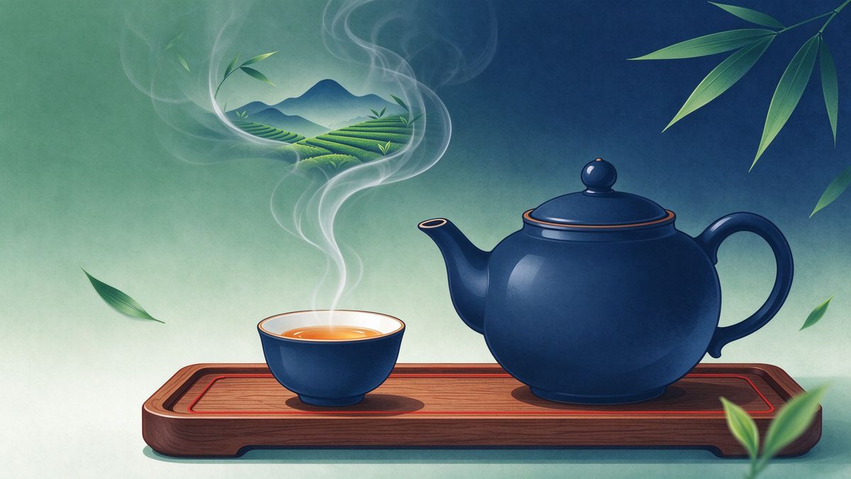 A deep-blue porcelain teapot and cup with rising steam, bamboo leaves and tea hills in the background